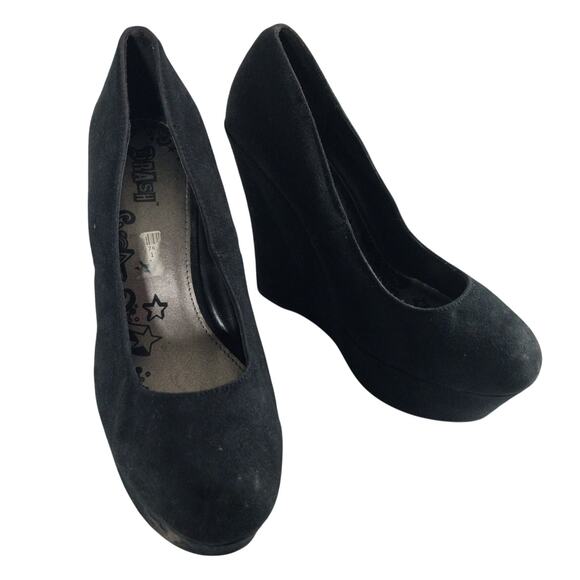 TRASH! BLACK VEGAN SUEDE/MICROFIBER LEATHER SKY HIGH WEDGE HEELS! SZ 9.5M - Picture 2 of 10